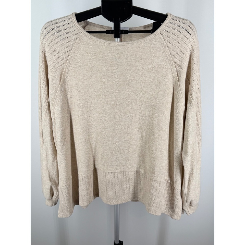 Gilli Womens Oatmeal Beige Pointelle Raglan Sleeve Knit Sweater Top Size L